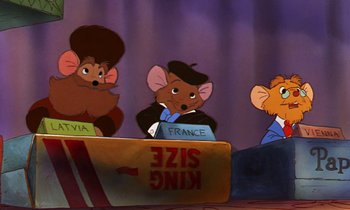 Movie still from “The Rescuers” (1977), directed by Wolfgang Reitherman – A group of mice sitting next to each other on a stage; Medium shot, High angle