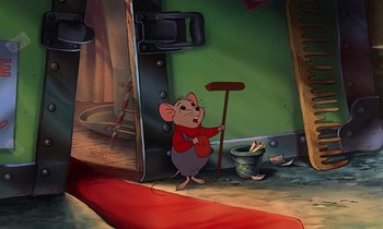 Movie still from “The Rescuers” (1977), directed by Wolfgang Reitherman – A mouse holding a broom in front of a green wall; Wide shot, High angle