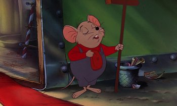 Movie still from “The Rescuers” (1977), directed by Wolfgang Reitherman – A cartoon of a mouse holding a broom in his mouth; Medium shot, High angle