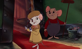 Movie still from “The Rescuers” (1977), directed by Wolfgang Reitherman – Two mice are standing next to each other on a red carpet; Medium shot, High angle