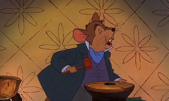 Movie still from “The Rescuers” (1977), directed by Wolfgang Reitherman – A cartoon of a mouse holding a gavel in his hand; Medium shot, Low angle
