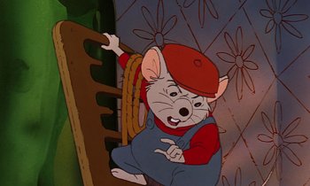 Movie still from “The Rescuers” (1977), directed by Wolfgang Reitherman – A cartoon of a mouse with a red hat on; Medium shot, High angle