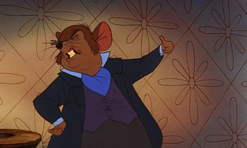 Movie still from “The Rescuers” (1977), directed by Wolfgang Reitherman – A cartoon of a mouse wearing a suit and tie; Close Up shot, Low angle