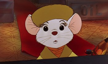 Movie still from “The Rescuers” (1977), directed by Wolfgang Reitherman – A cartoon of a mouse wearing a hat and jacket; Close Up shot, Low angle