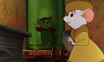 Movie still from “The Rescuers” (1977), directed by Wolfgang Reitherman – A cartoon of a mouse in front of a glass bottle; Medium shot, Over the shoulder angle