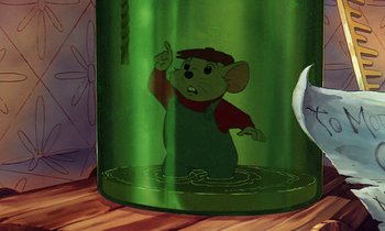 Movie still from “The Rescuers” (1977), directed by Wolfgang Reitherman – A cartoon of a mouse in a green glass; Medium shot, High angle