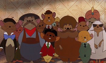 Movie still from “The Rescuers” (1977), directed by Wolfgang Reitherman – A group of people that are standing in front of a wall; Medium shot, High angle