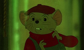 Movie still from “The Rescuers” (1977), directed by Wolfgang Reitherman – A cartoon of a mouse wearing a red shirt and hat; Close Up shot, High angle