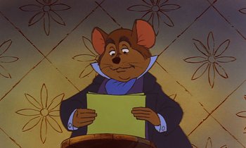 Movie still from “The Rescuers” (1977), directed by Wolfgang Reitherman – A mouse holding a piece of paper in front of a wall; Close Up shot, Over the shoulder angle