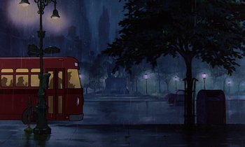 Movie still from “The Rescuers” (1977), directed by Wolfgang Reitherman – A red bus driving down a street at night; Extreme Wide shot, Low angle