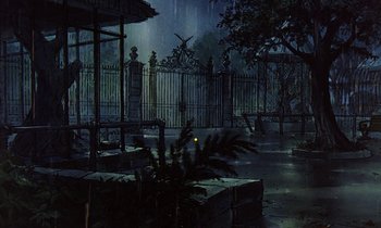 Movie still from “The Rescuers” (1977), directed by Wolfgang Reitherman – A view of an outdoor area at night time; Extreme Wide shot, High angle