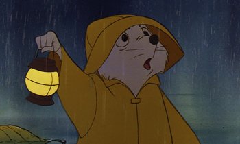 Movie still from “The Rescuers” (1977), directed by Wolfgang Reitherman – A cartoon of a mouse holding a lantern in the rain; Close Up shot, Low angle