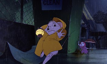 Movie still from “The Rescuers” (1977), directed by Wolfgang Reitherman – A painting of a mouse holding a flashlight; Wide shot, Low angle