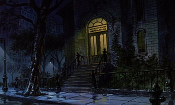 Movie still from “The Rescuers” (1977), directed by Wolfgang Reitherman – A painting of a building at night time; Extreme Wide shot, Low angle
