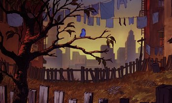 Movie still from “The Rescuers” (1977), directed by Wolfgang Reitherman – A painting of a bird sitting on top of a tree branch; Wide shot, Low angle