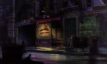 An animated picture of a street scene with a man sitting in front of a store