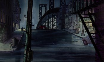 Movie still from “The Rescuers” (1977), directed by Wolfgang Reitherman – A painting of a city with a bridge in the background; Wide shot, Low angle