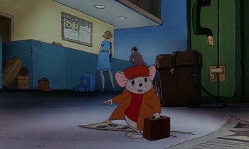 Movie still from “The Rescuers” (1977), directed by Wolfgang Reitherman – A cartoon of a mouse with a suitcase in the background; Wide shot, High angle