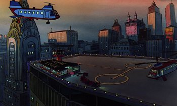 Movie still from “The Rescuers” (1977), directed by Wolfgang Reitherman – An animated city with a helicopter flying over it; Extreme Wide shot, High angle