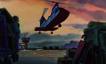 Movie still from “The Rescuers” (1977), directed by Wolfgang Reitherman – An animated helicopter is flying in the sky; Extreme Wide shot, Low angle