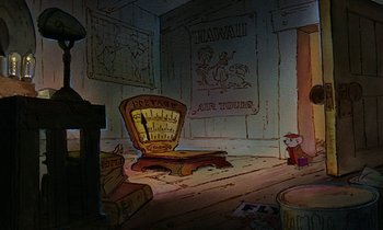 Movie still from “The Rescuers” (1977), directed by Wolfgang Reitherman – An animated picture of a chair and mouse in a room; Wide shot, High angle