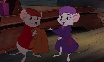 Movie still from “The Rescuers” (1977), directed by Wolfgang Reitherman – A couple of mice standing next to each other; Medium shot, High angle