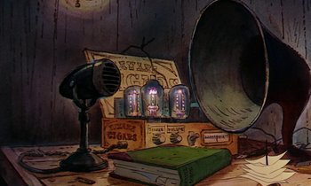 Movie still from “The Rescuers” (1977), directed by Wolfgang Reitherman – An illustration of an old time radio set and an old book; Wide shot, Low angle