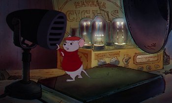 Movie still from “The Rescuers” (1977), directed by Wolfgang Reitherman – A mouse that is standing in the dirt; Wide shot, Low angle