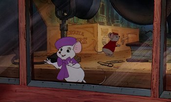 Movie still from “The Rescuers” (1977), directed by Wolfgang Reitherman – A cartoon of a mouse wearing a purple hat and scarf; Wide shot, Over the shoulder angle