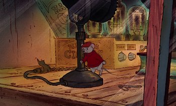 Movie still from “The Rescuers” (1977), directed by Wolfgang Reitherman – A mouse in a red shirt is standing in front of a lamp; Wide shot, Low angle
