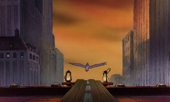 Movie still from “The Rescuers” (1977), directed by Wolfgang Reitherman – An image of an animated bird flying in the sky; Extreme Wide shot, Low angle