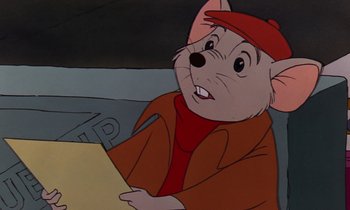 Movie still from “The Rescuers” (1977), directed by Wolfgang Reitherman – A cartoon of a mouse wearing a red hat and jacket; Close Up shot, High angle