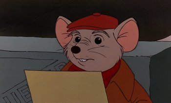 Movie still from “The Rescuers” (1977), directed by Wolfgang Reitherman – A cartoon of a mouse wearing a red hat and jacket; Close Up shot, High angle