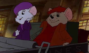 Movie still from “The Rescuers” (1977), directed by Wolfgang Reitherman – Two cartoon characters are sitting in a car; Medium shot, High angle