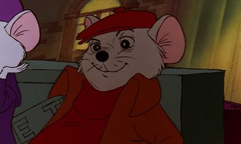 Movie still from “The Rescuers” (1977), directed by Wolfgang Reitherman – A cartoon mouse wearing a red hat and a red jacket; Close Up shot, Low angle