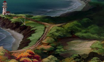 Movie still from “The Rescuers” (1977), directed by Wolfgang Reitherman – An aerial view of a road near a body of water; Extreme Wide shot, High angle