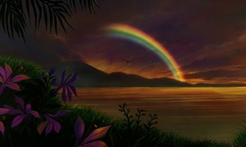 Movie still from “The Rescuers” (1977), directed by Wolfgang Reitherman – A painting of a rainbow over a body of water; Extreme Wide shot, Low angle