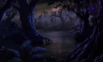 Movie still from “The Rescuers” (1977), directed by Wolfgang Reitherman – A painting of trees and a body of water at night; Extreme Wide shot, Low angle