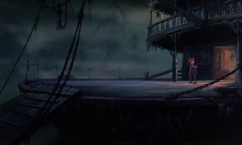 Movie still from “The Rescuers” (1977), directed by Wolfgang Reitherman – A painting of an old pirate ship in the middle of the night; Extreme Wide shot, Low angle