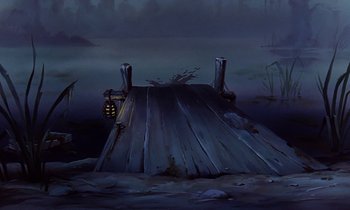 Movie still from “The Rescuers” (1977), directed by Wolfgang Reitherman – An animated scene of a bridge in the middle of the night; Wide shot, High angle