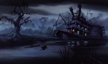 Movie still from “The Rescuers” (1977), directed by Wolfgang Reitherman – A painting of an old boat in the middle of the night; Extreme Wide shot, Low angle