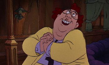 Movie still from “The Rescuers” (1977), directed by Wolfgang Reitherman – An animated picture of a man in a yellow jacket; Close Up shot, High angle