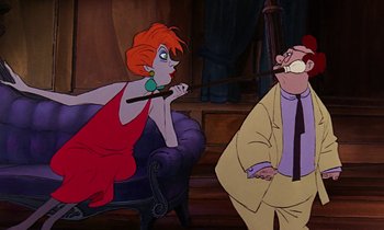 Movie still from “The Rescuers” (1977), directed by Wolfgang Reitherman – An animated scene of a woman in a red dress; Medium shot, Over the shoulder angle