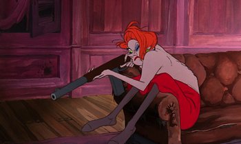 Movie still from “The Rescuers” (1977), directed by Wolfgang Reitherman – An animated woman with red hair holding a gun; Medium shot, Low angle