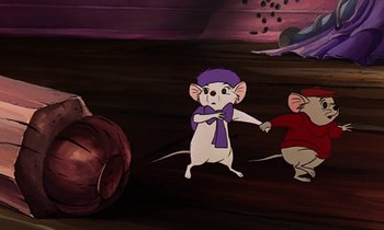 Movie still from “The Rescuers” (1977), directed by Wolfgang Reitherman – A cartoon of a mouse and a rat in a room; Medium shot, High angle