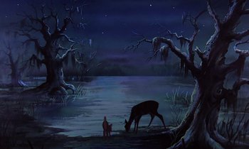 Movie still from “The Rescuers” (1977), directed by Wolfgang Reitherman – A painting of a man and a deer in the water; Extreme Wide shot, Low angle