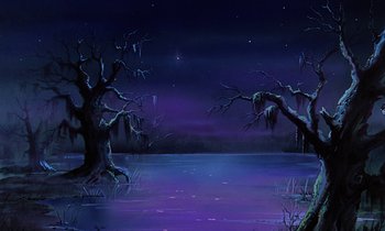 Movie still from “The Rescuers” (1977), directed by Wolfgang Reitherman – A painting of a lake at night with a tree in the foreground; Extreme Wide shot, Low angle