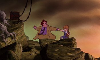 Movie still from “The Rescuers” (1977), directed by Wolfgang Reitherman – An animated scene of a woman and a child; Medium shot, Low angle