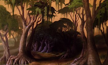 Movie still from “The Rescuers” (1977), directed by Wolfgang Reitherman – A painting of trees and bushes in a forest; Extreme Wide shot, Low angle