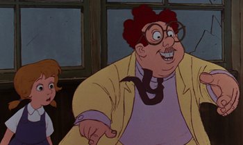 Movie still from “The Rescuers” (1977), directed by Wolfgang Reitherman – An old man with a red hair wig and glasses; Close Up shot, Low angle